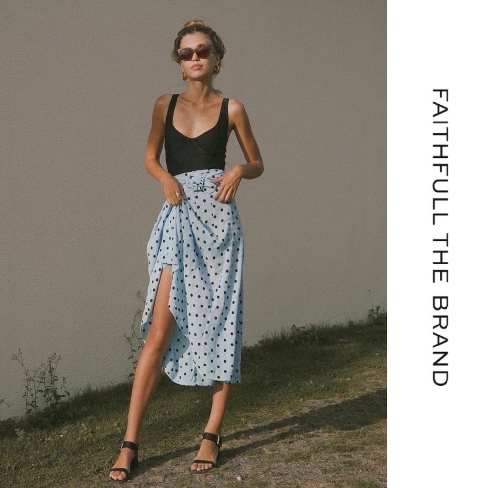 Faithfull Skirt Luda Buckle Belted Flounce Midi Vacation Sylve Dot Blue 6 M‎ NWT
